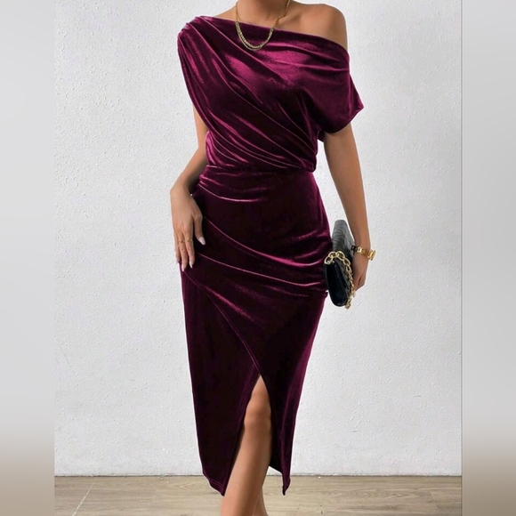 New Luxe Velvet Ruched Asymmetrical Neck Midi Dress Burgundy Red Wine - Picture 3 of 8